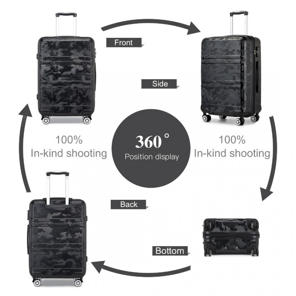 K1871-1L - KONO ABS SCULPTED HORIZONTAL DESIGN 3 PIECE SUITCASE SET - CAMOUFLAGE BLACK