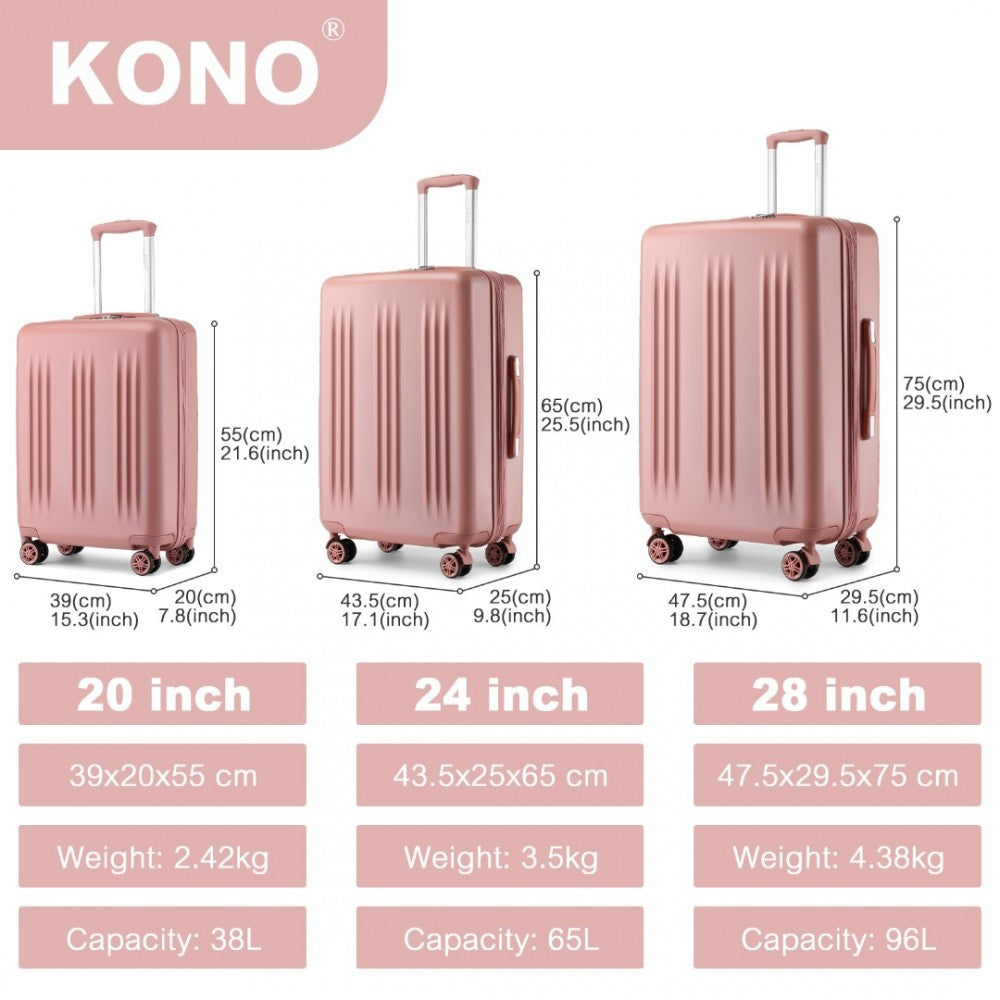 KSK2483 - KONO 3 PIECE LUGGAGE SET 20/24/28 INCH SLEEK STRIPED EXPANDABLE ABS+PC SUITCASE WITH TSA LOCK AND FOUR SPINNER WHEELS - NUDE