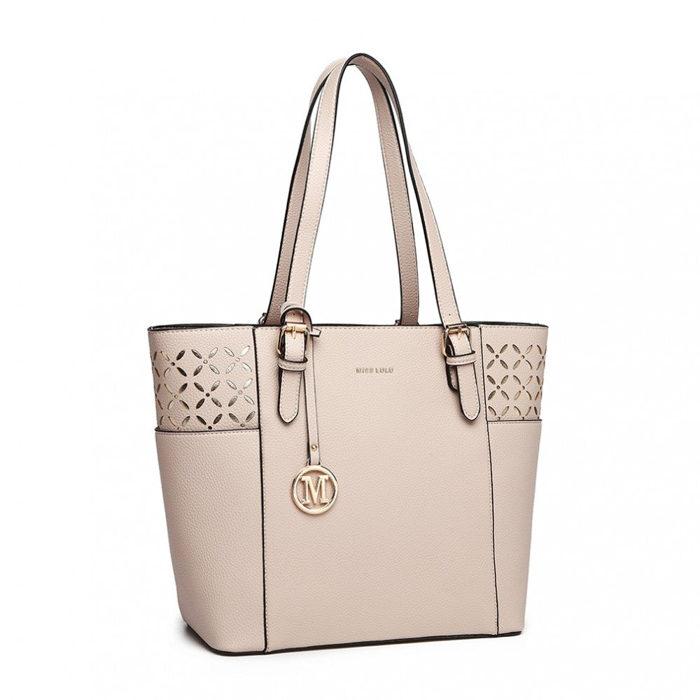 LG1943 - MISS LULU LASER CUT OUT TOTE SHOPPER BAG - BEIGE