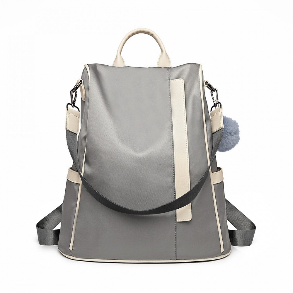 LG6917 - MISS LULU TWO WAY ANTI-THEFT BACKPACK WITH POM POM PENDANT - LIGHT GREY