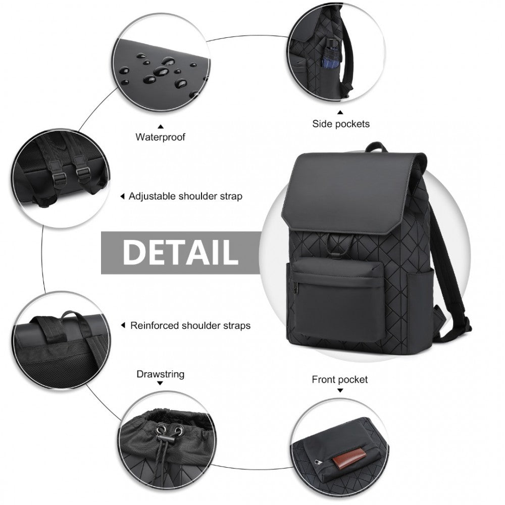 ET2417 - KONO WATER-RESISTANT URBAN GEOMETRIC BACKPACK WITH LAPTOP COMPARTMENT - BLACK