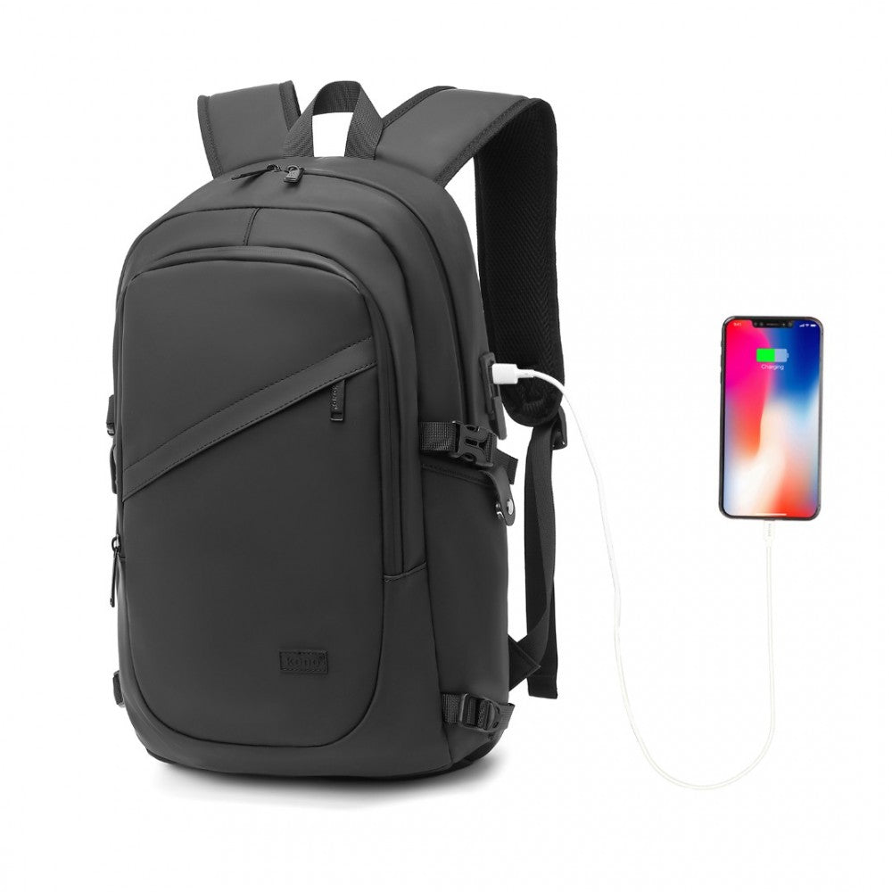 EM2349 - KONO PVC COATED WATER-RESISTANT TECH BACKPACK WITH USB CHARGING PORT - BLACK