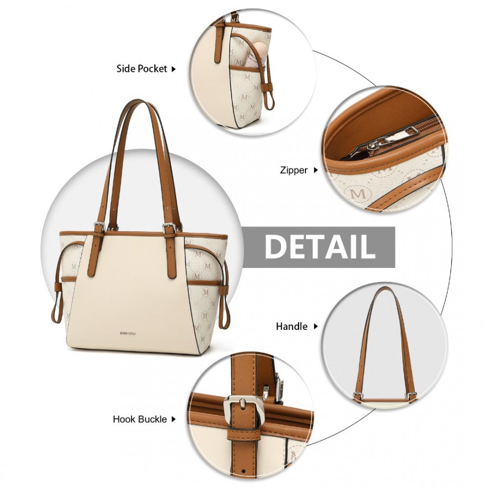 LG2322 - MISS LULU ELEGANT TOTE BAG WITH MONOGRAM PATTERN - BEIGE AND BROWN