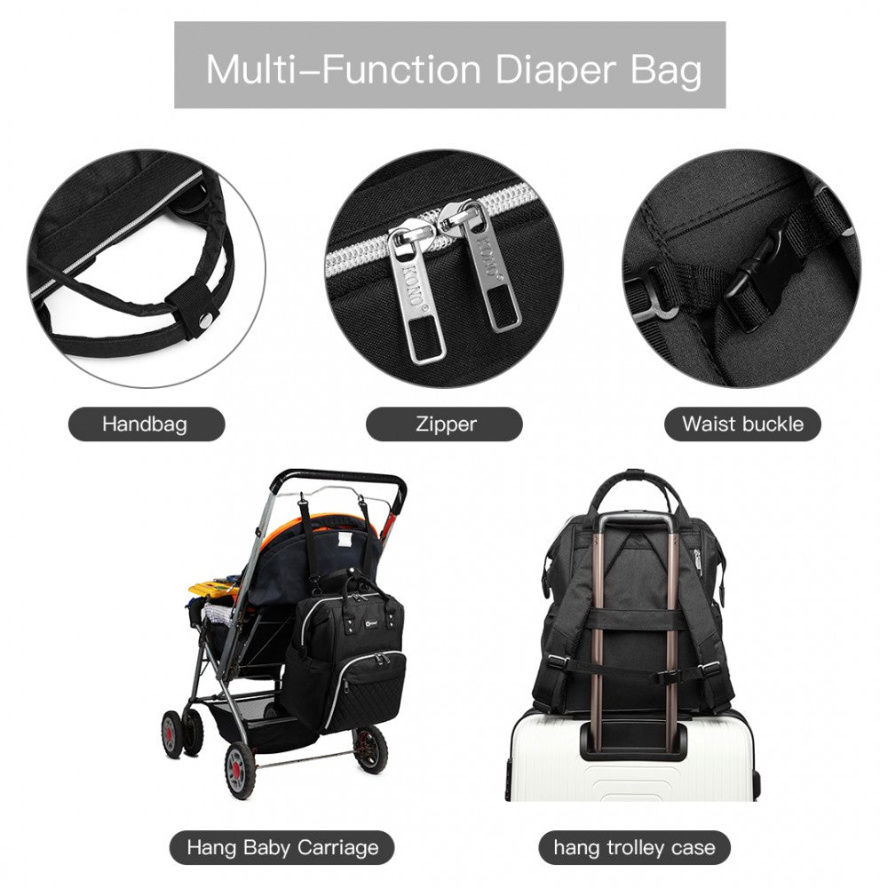 E6705USB - KONO PLAIN WIDE OPENING BABY NAPPY CHANGING BACKPACK WITH USB CONNECTIVITY - BLACK