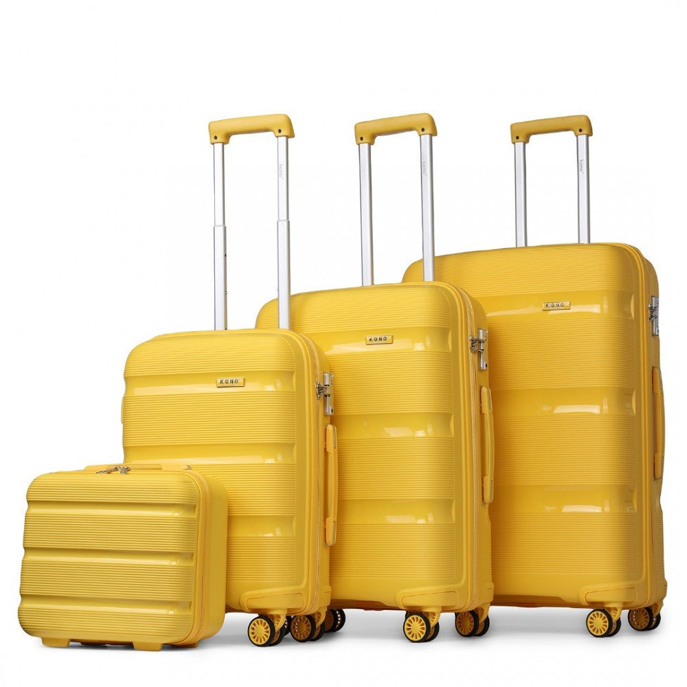 K2092L - KONO BRIGHT HARD SHELL PP SUITCASE WITH TSA LOCK AND VANITY CASE 4 PIECES SET - CLASSIC COLLECTION - YELLOW