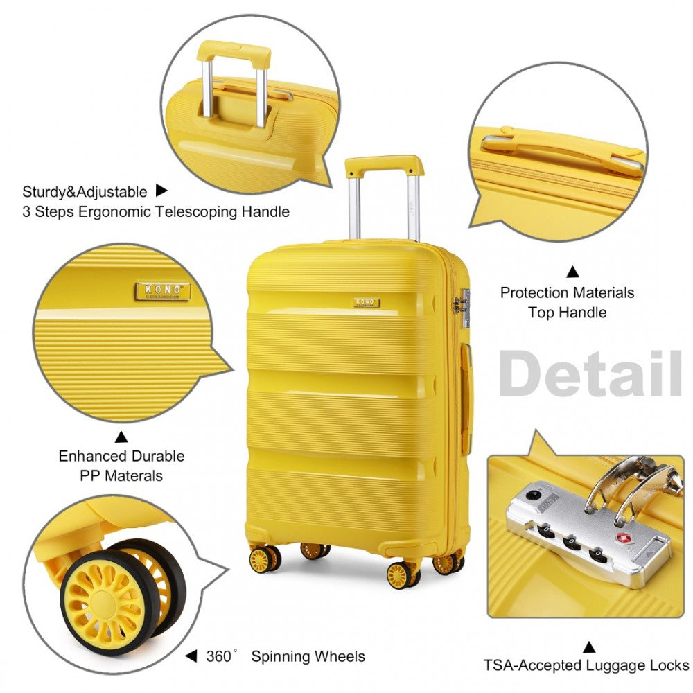 K2092L - KONO BRIGHT HARD SHELL PP SUITCASE WITH TSA LOCK AND VANITY CASE 4 PIECES SET - CLASSIC COLLECTION - YELLOW