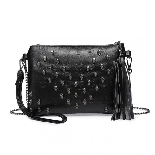 LH2412 - MISS LULU SOFT PU ULTRA-LIGHTWEIGHT CLUTCH BAG WITH SKULL EMBOSSING TASSEL DETAIL AND LONG CHAIN SHOULDER STRAP - BLACK