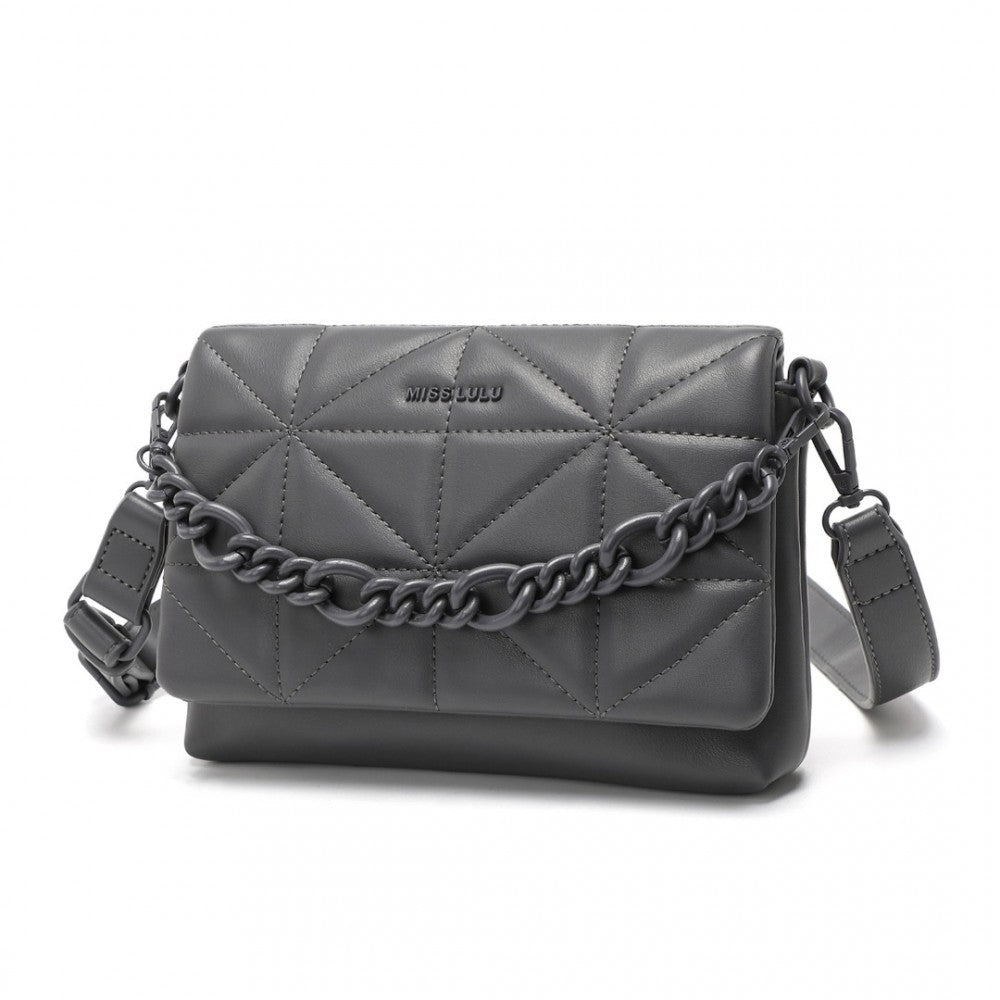 LG2318 - MISS LULU CHIC QUILTED SHOULDER BAG WITH CHAIN STRAP - GREY