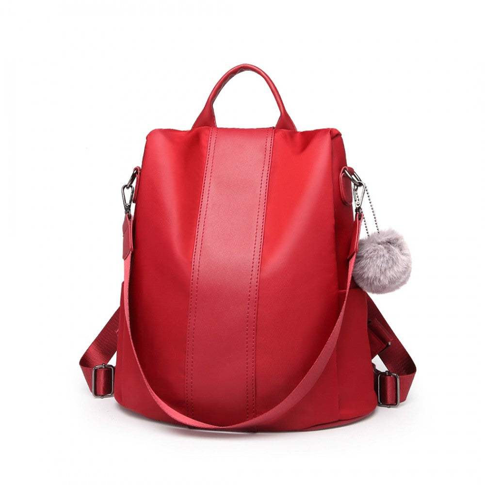 LG1903 - MISS LULU TWO WAY BACKPACK SHOULDER BAG WITH POM POM PENDANT - RED