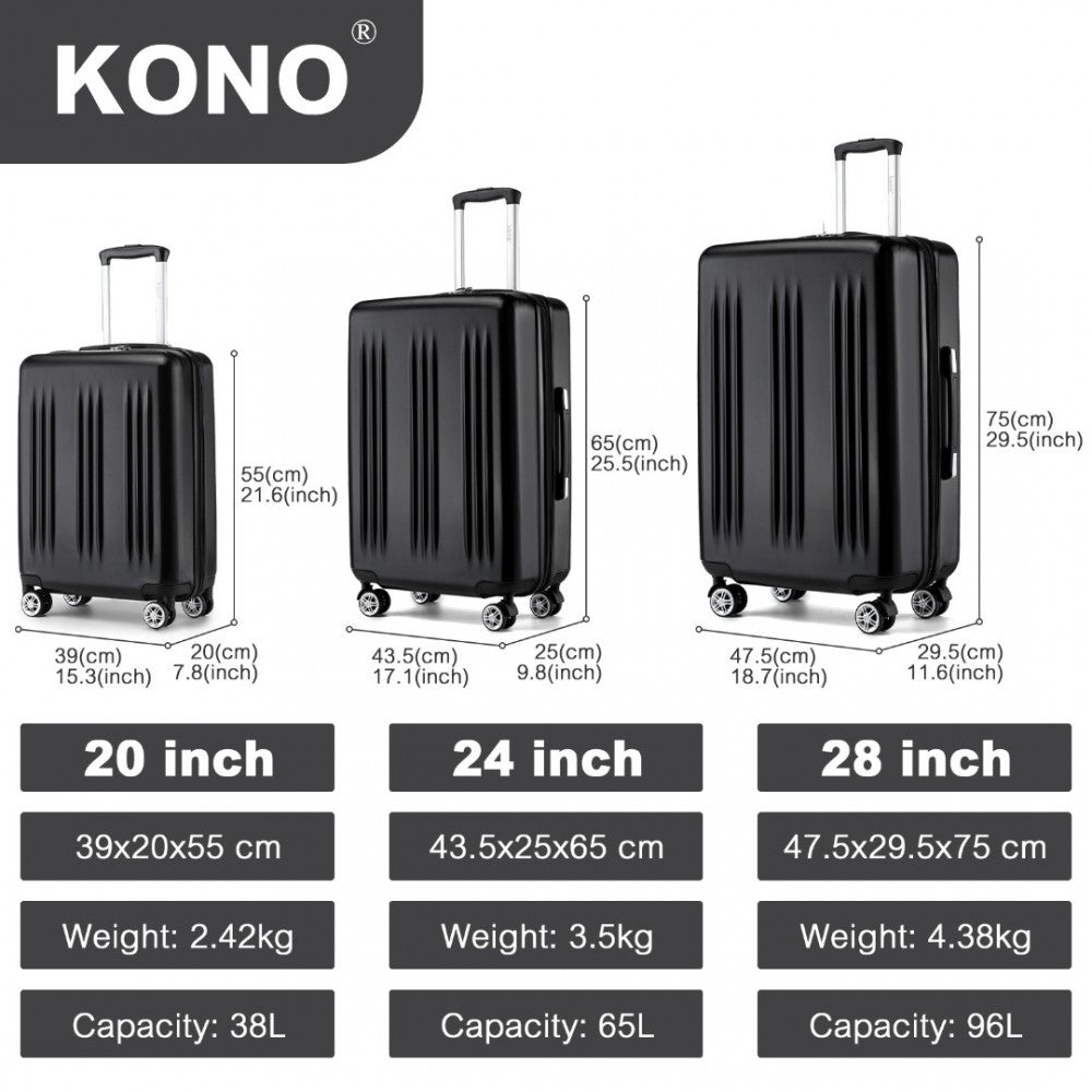 KSK2483 - KONO 3 PIECE LUGGAGE SET 20/24/28 INCH SLEEK STRIPED EXPANDABLE ABS+PC SUITCASE WITH TSA LOCK AND FOUR SPINNER WHEELS - BLACK