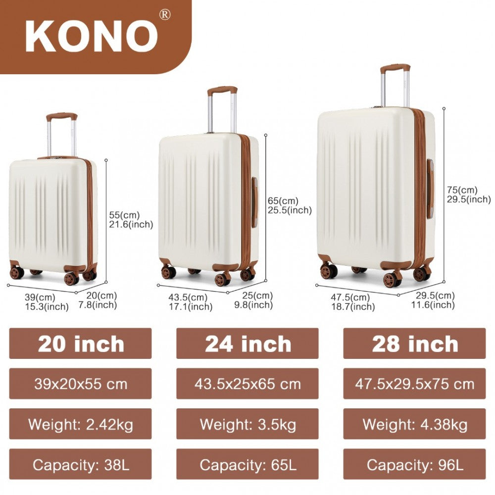 KSK2483 - KONO 3 PIECE LUGGAGE SET 20/24/28 INCH SLEEK STRIPED EXPANDABLE ABS+PC SUITCASE WITH TSA LOCK AND FOUR SPINNER WHEELS - CREAM AND BROWN