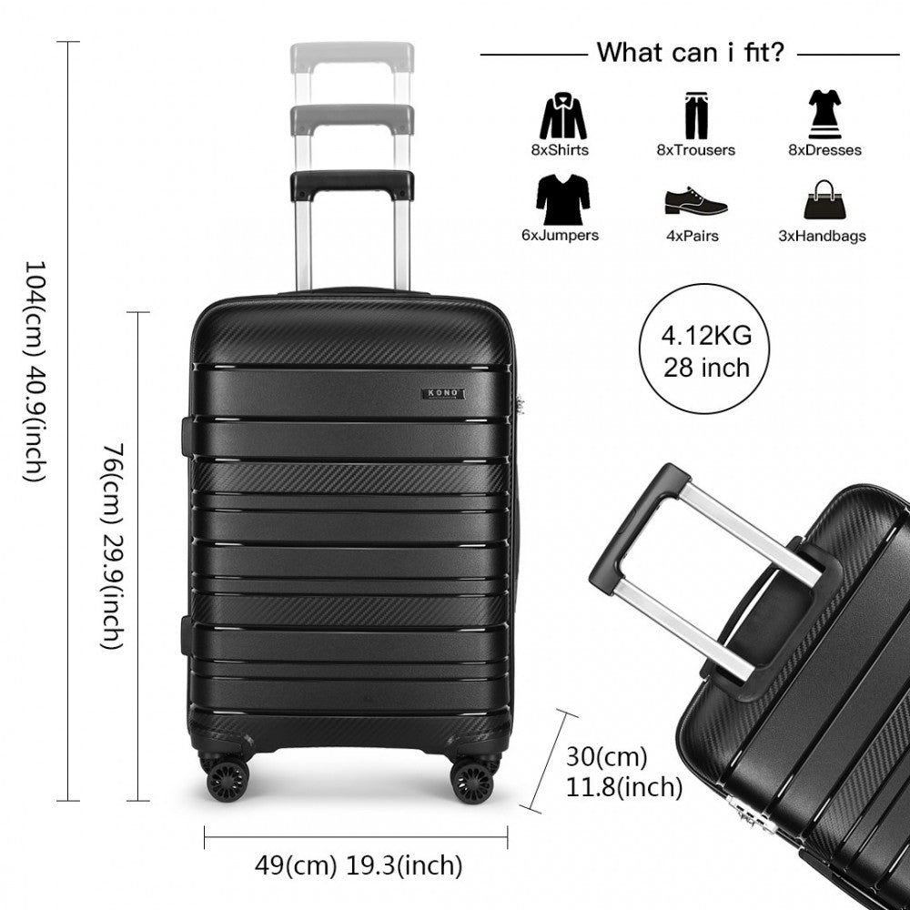 K2091L - KONO MULTI TEXTURE HARD SHELL PP SUITCASE 3 PIECES SET - CLASSIC COLLECTION - BLACK