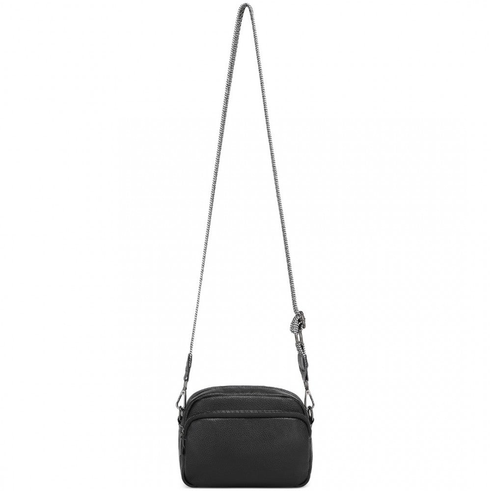 LH2418 - MISS LULU ELEGANT GENUINE LEATHER CROSSBODY SHOULDER BAG WITH JACQUARD WOVEN STRAP - BLACK