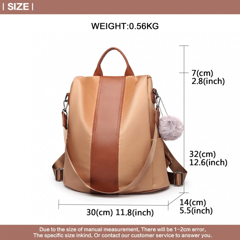 LG1903 - MISS LULU TWO WAY BACKPACK SHOULDER BAG WITH POM POM PENDANT - BROWN