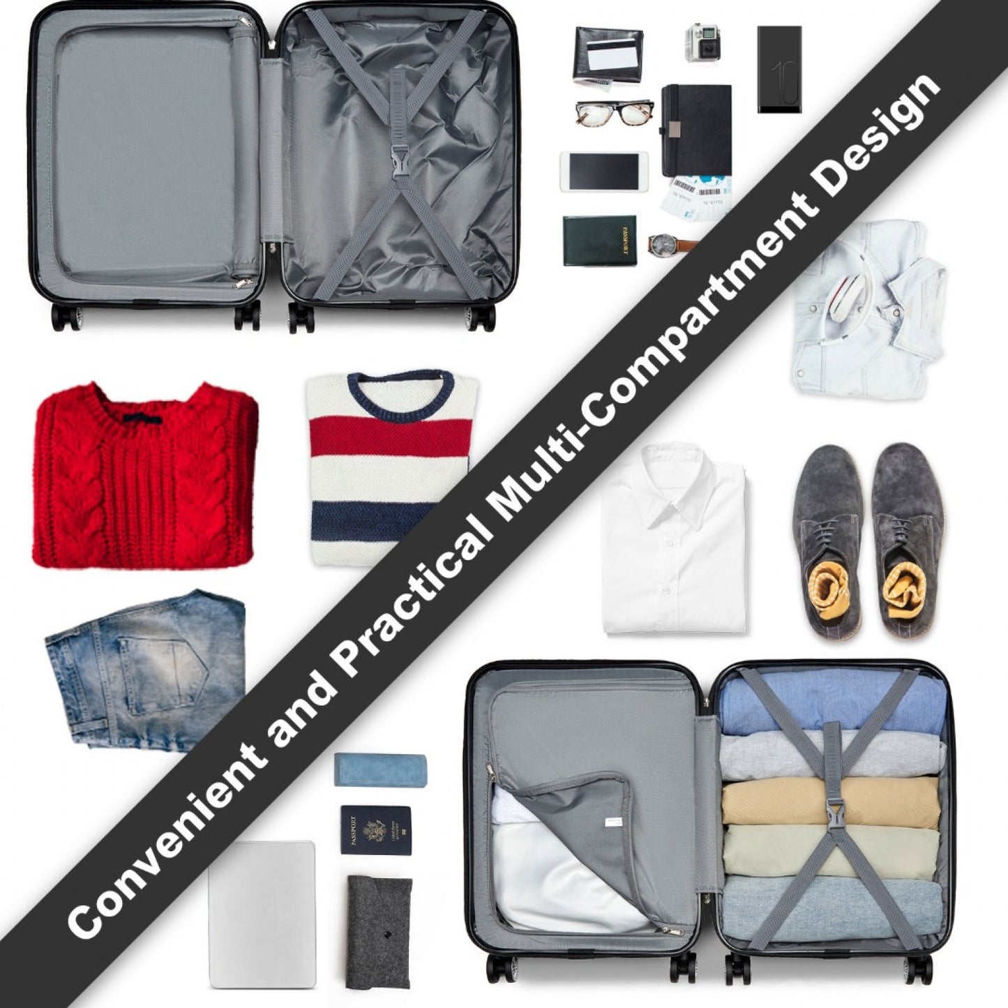K1871-1L - KONO ABS 20 INCH SCULPTED HORIZONTAL DESIGN CABIN LUGGAGE - CAMOUFLAGE GREY AND BLACK - The Baggage Shop