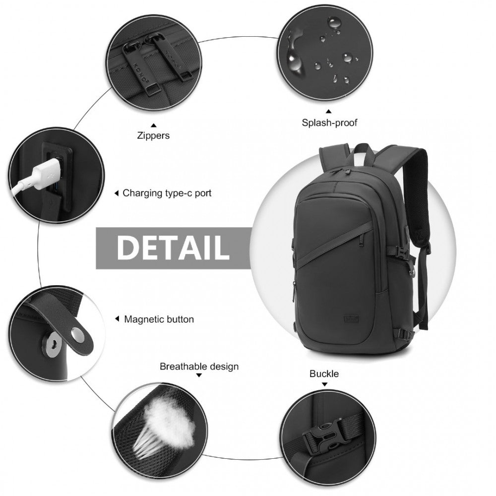 EM2349 - KONO PVC COATED WATER-RESISTANT TECH BACKPACK WITH USB CHARGING PORT - BLACK