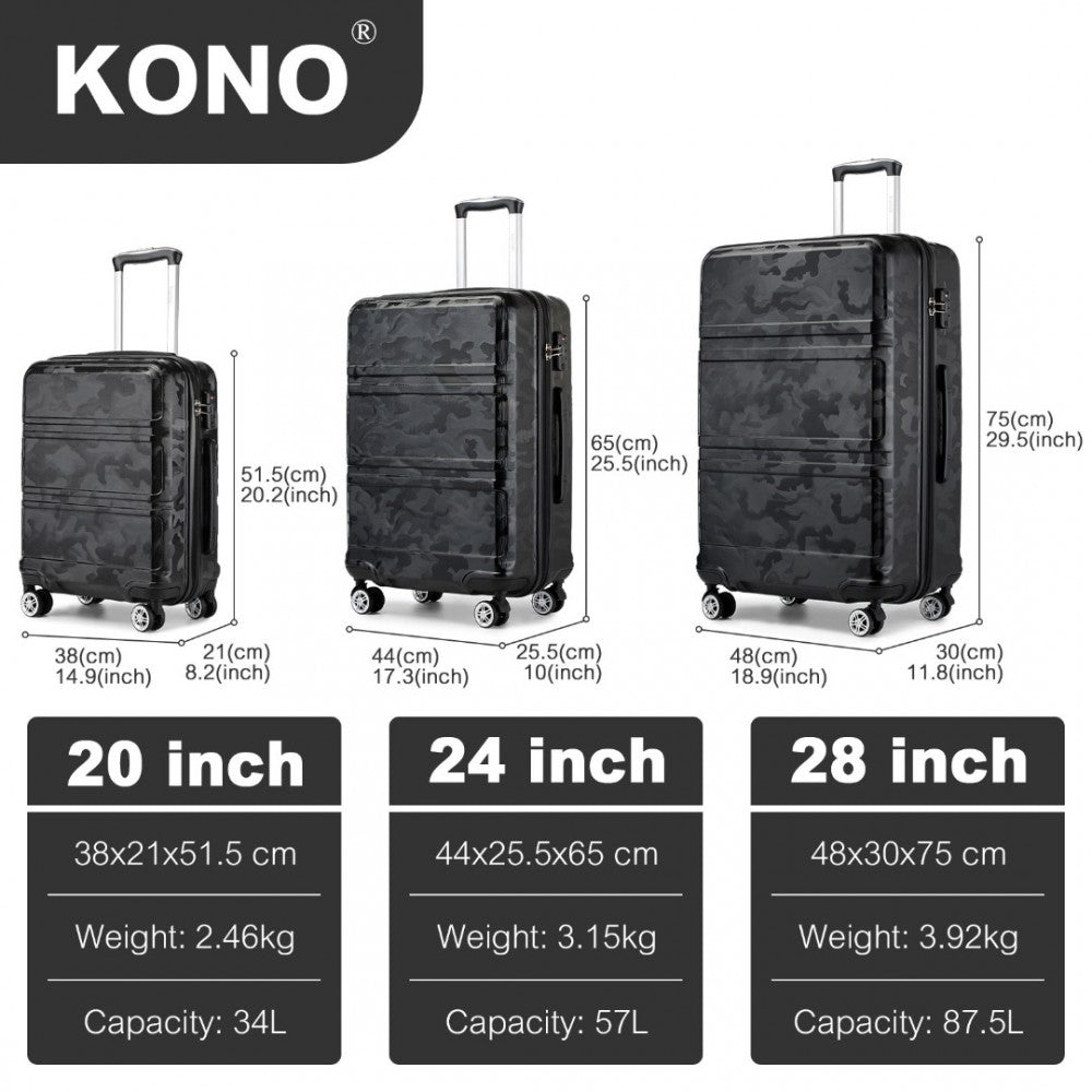 K1871-1L - KONO ABS SCULPTED HORIZONTAL DESIGN 3 PIECE SUITCASE SET - CAMOUFLAGE BLACK