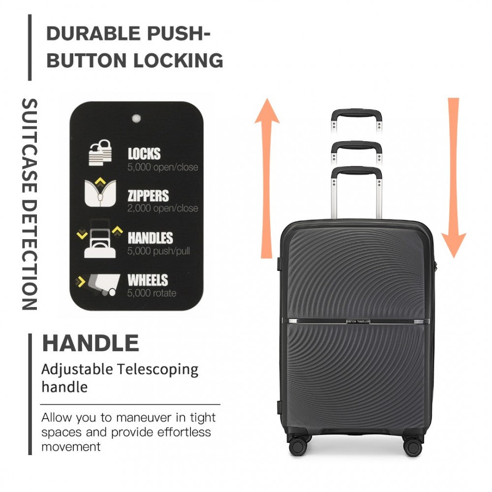 K2393L - SET DE 3 PIESE BRITISH TRAVELLER VALIZĂ CU CARCASĂ DURA PP CU ÎNCHIDERE TSA - NEGRU