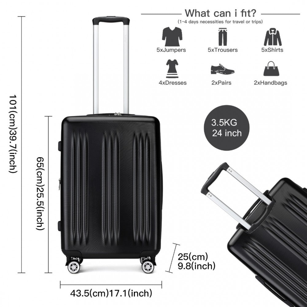 KSK2483 - KONO 24 INCH SLEEK STRIPED CHECK-IN SUITCASE EXPANDABLE DURABLE ABS+PC LUGGAGE WITH FOUR SPINNER WHEELS TSA LOCK - BLACK