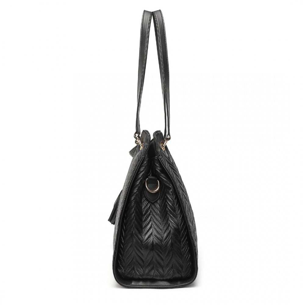 LG2339 - MISS LULU CHIC EMBOSSED TOTE WITH TASSEL DETAIL AND CARD POUCH - BLACK