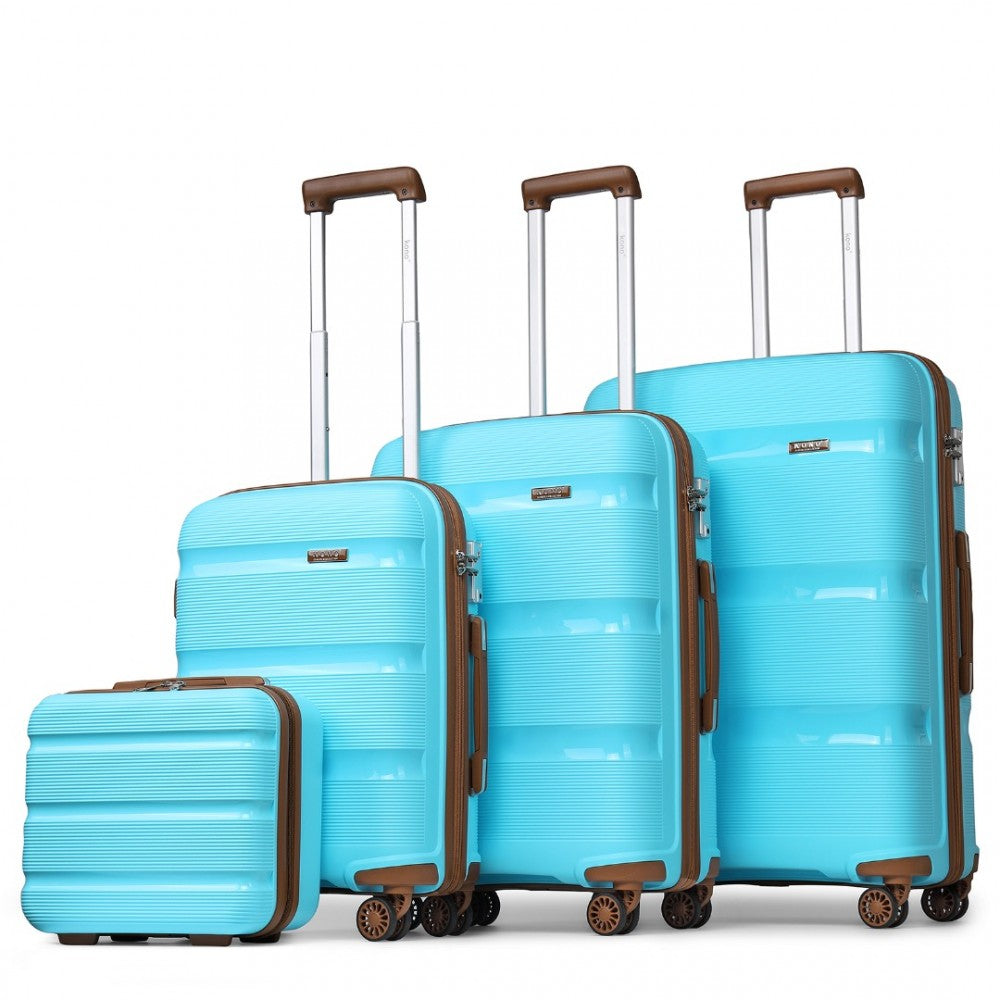 K2092L - KONO BRIGHT HARD SHELL PP SUITCASE WITH TSA LOCK AND VANITY CASE 4 PIECES SET - CLASSIC COLLECTION - BLUE AND BROWN