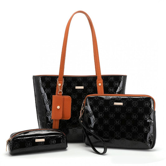 LD2217 - MISS LULU 4 PIECES GLOSSY LEATHER TOTE BAG SET - BLACK AND BROWN