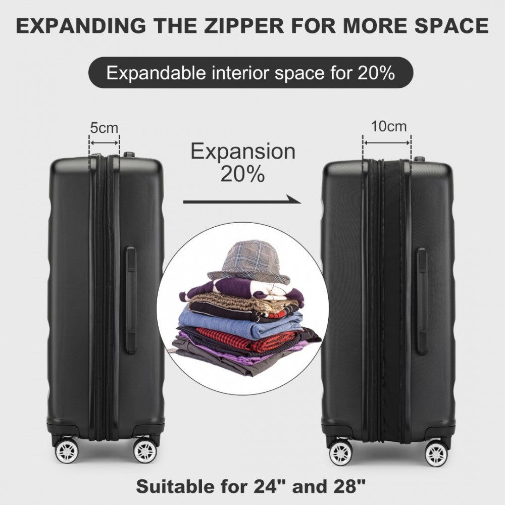KSK2482 - KONO 28 INCH EXPANDABLE HORIZONTAL ENGRAVED HARD SHELL ABS+PC CHECK-IN SUITCASE WITH TSA LOCK - BLACK - The Baggage Shop