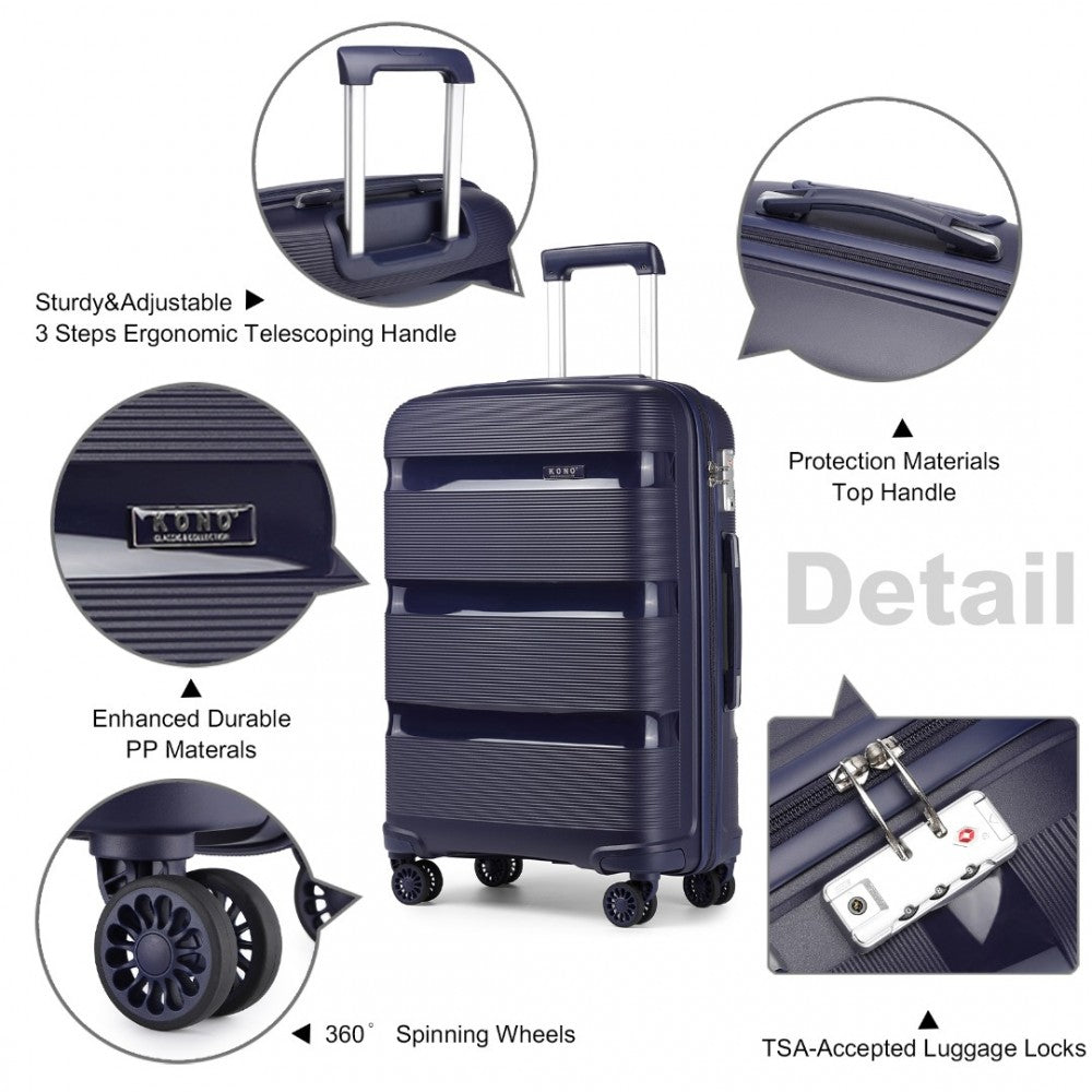 K2092L - KONO BRIGHT HARD SHELL PP SUITCASE WITH TSA LOCK AND VANITY CASE 4 PIECES SET - CLASSIC COLLECTION - NAVY