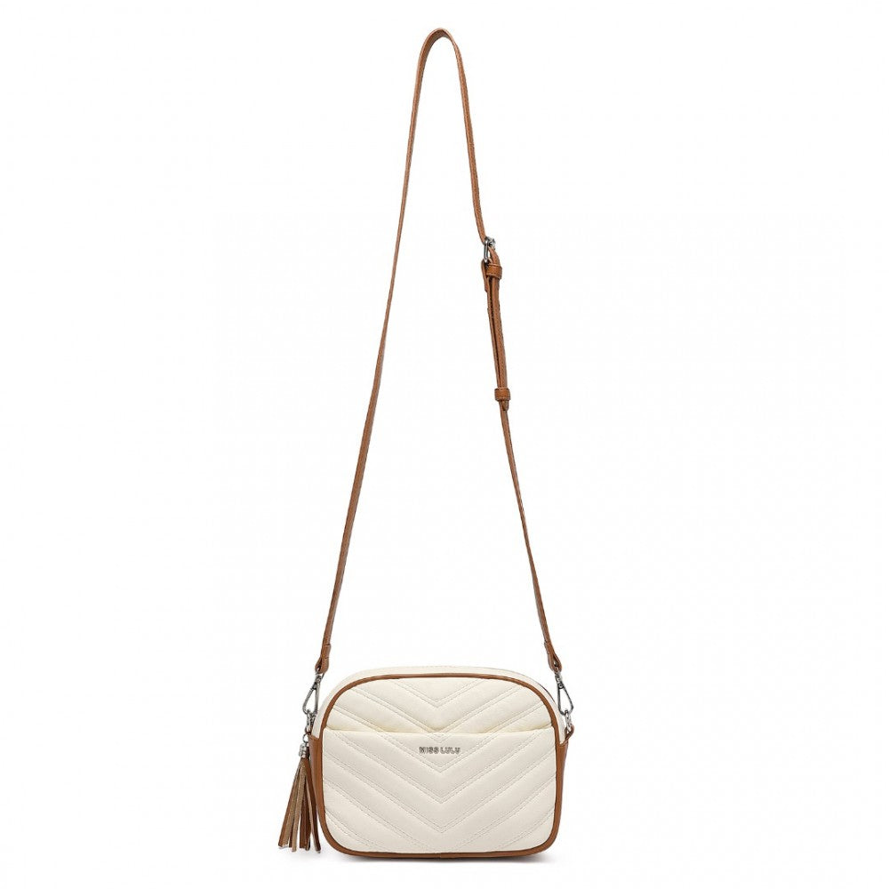 LA2119 - MISS LULU LIGHTWEIGHT QUILTED LEATHER CROSS BODY BAG - BEIGE AND BROWN