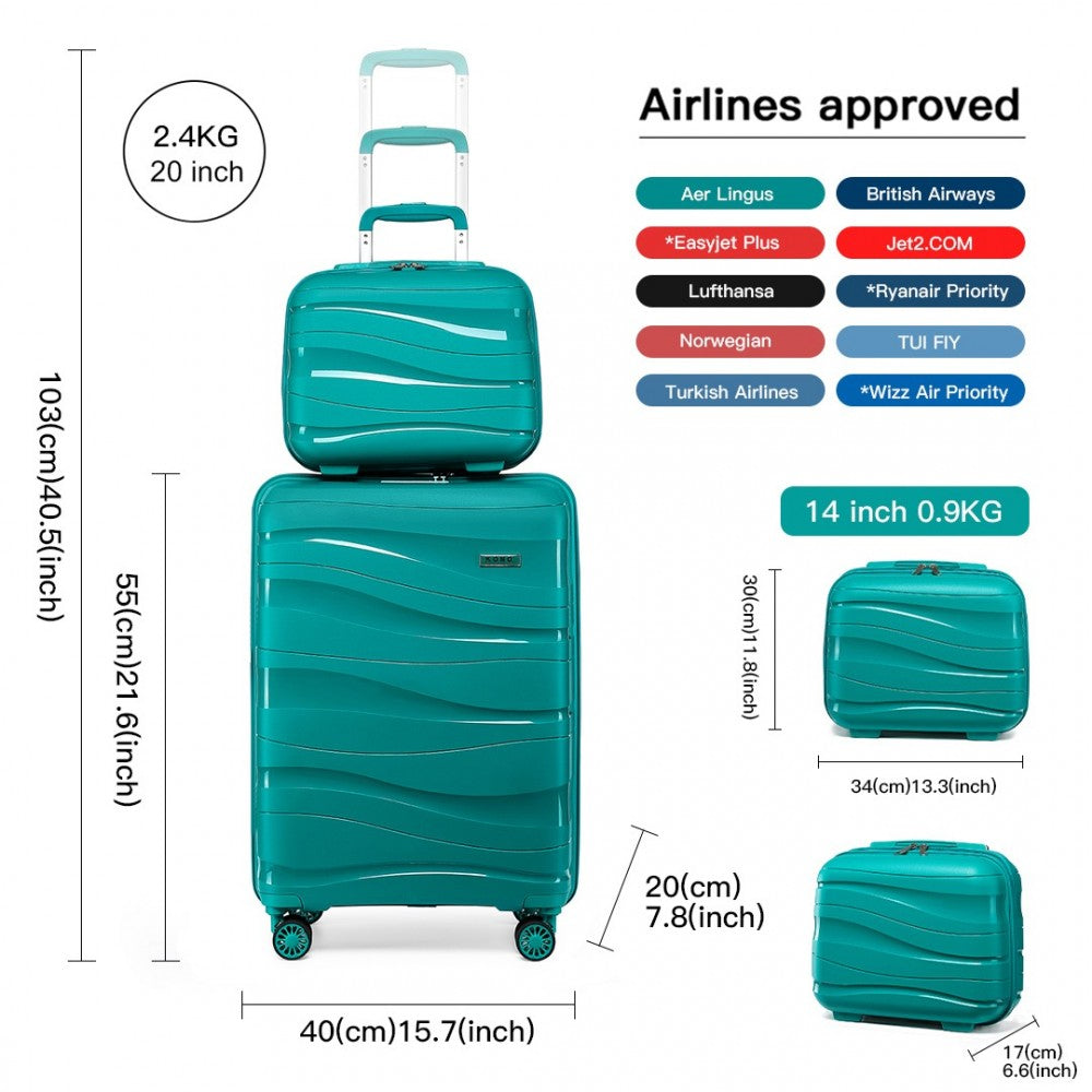 K2094L - KONO 14/20 INCH LIGHTWEIGHT POLYPROPYLENE HARD SHELL 2 PIECE SUITCASE SET WITH TSA LOCK AND VANITY CASE - TEAL