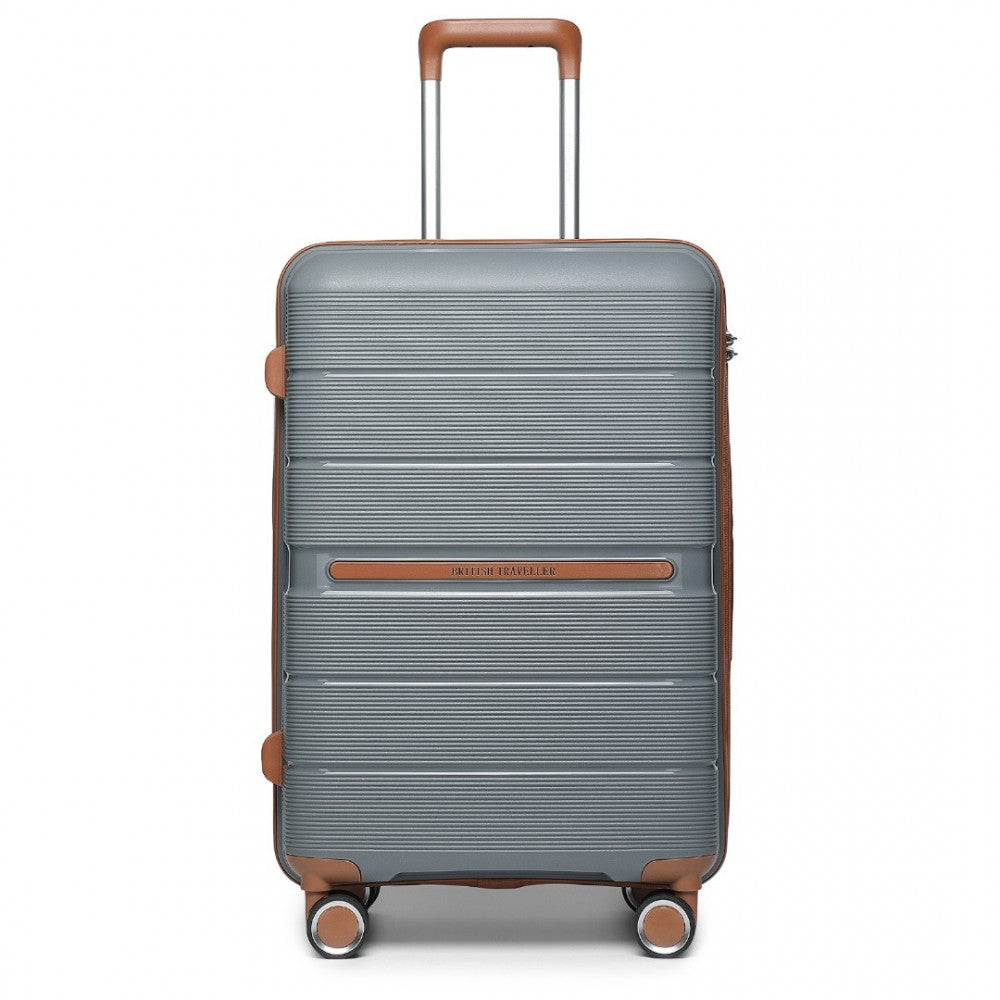 K2392L - BRITISH TRAVELLER 28 INCH MULTI-TEXTURE POLYPROPYLENE HARD SHELL SUITCASE WITH TSA LOCK - GREY AND BROWN