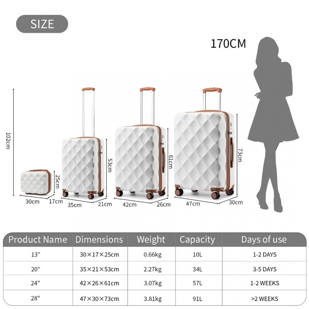 K2395L - BRITISH TRAVELLER ULTRALIGHT ABS AND POLYCARBONATE BUMPY DIAMOND 4 PCS LUGGAGE SET WITH TSA LOCK - CREAM