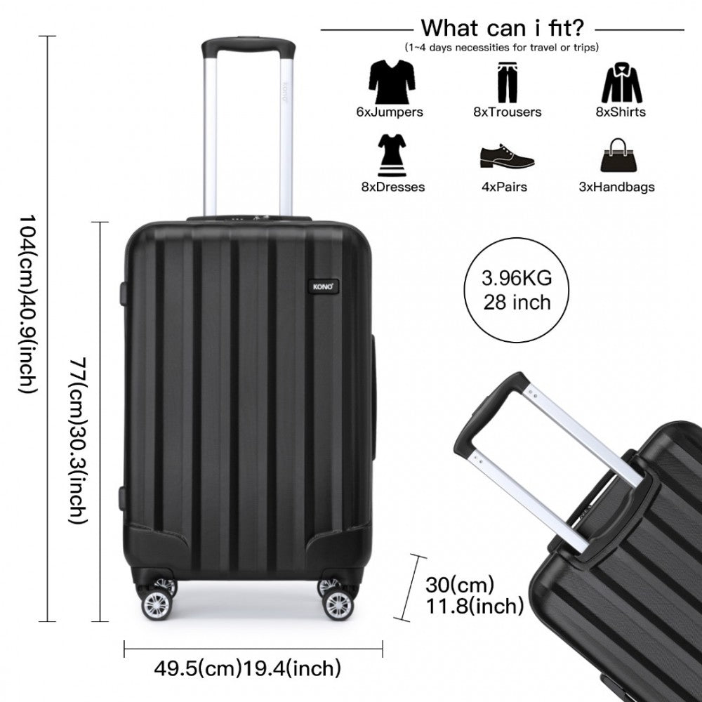 K1773-1L - KONO 28 INCH STRIPED ABS HARD SHELL LUGGAGE WITH 360-DEGREE SPINNER WHEELS - BLACK