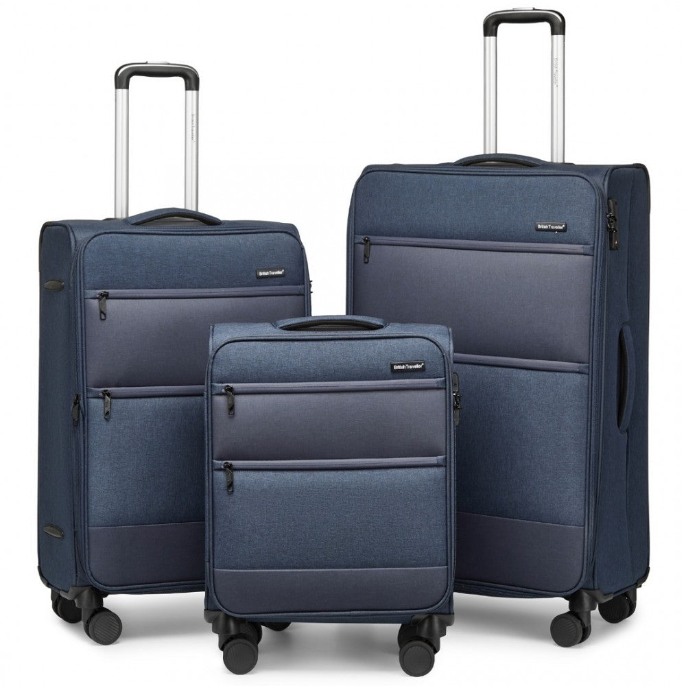 K2397L - BRITISH TRAVELLER 3-PIECE LIGHTWEIGHT SOFT SHELL LUGGAGE SET WITH TSA LOCKS - NAVY