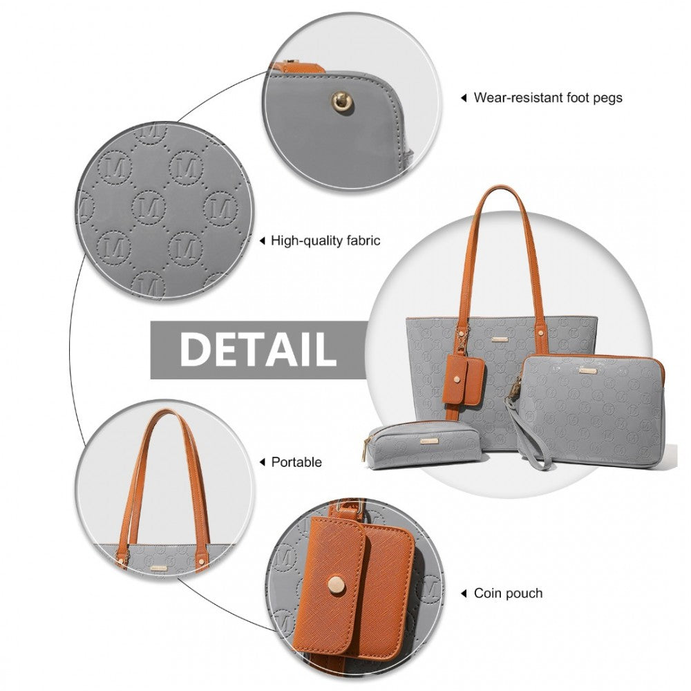 LD2217 - MISS LULU 4 PIECES GLOSSY LEATHER TOTE BAG SET - GREY AND BROWN