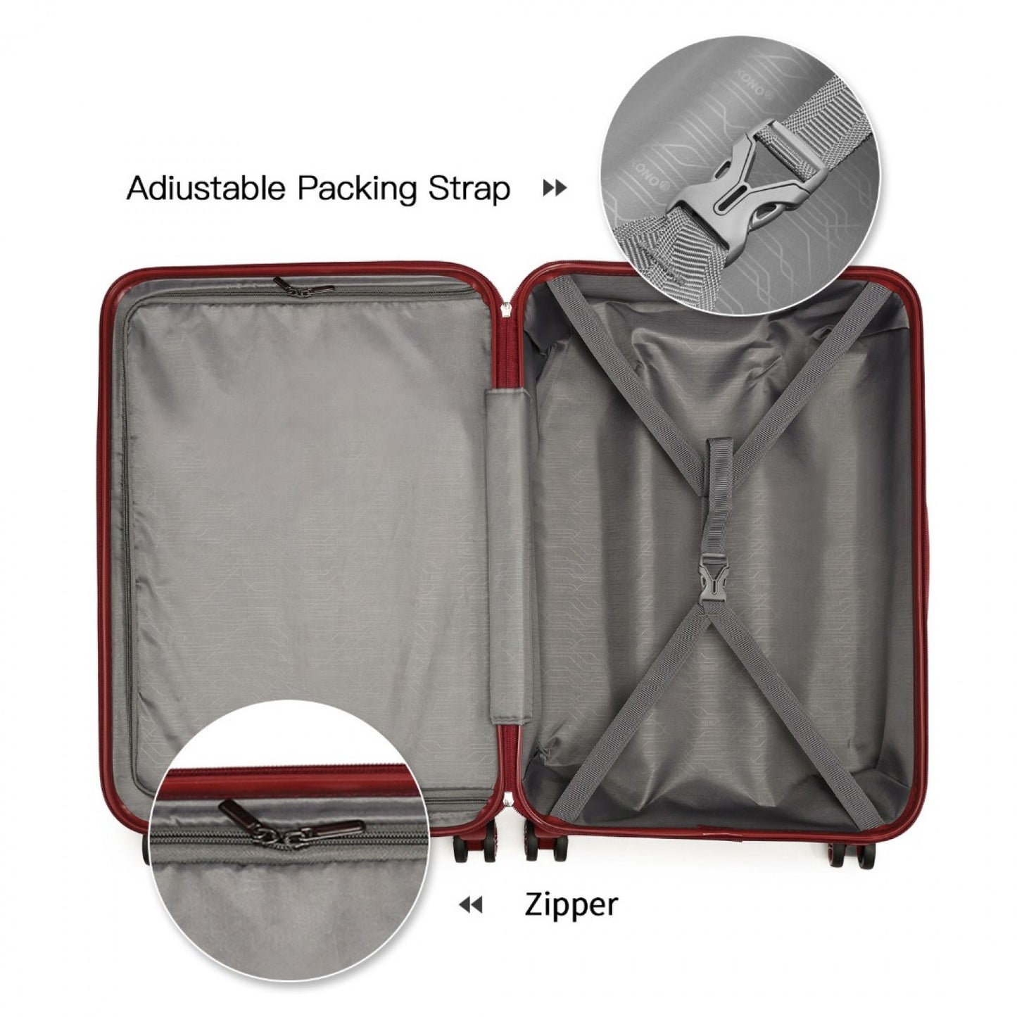 K1871-1L - KONO ABS 20 INCH SCULPTED HORIZONTAL DESIGN CABIN LUGGAGE - BURGUNDY - The Baggage Shop