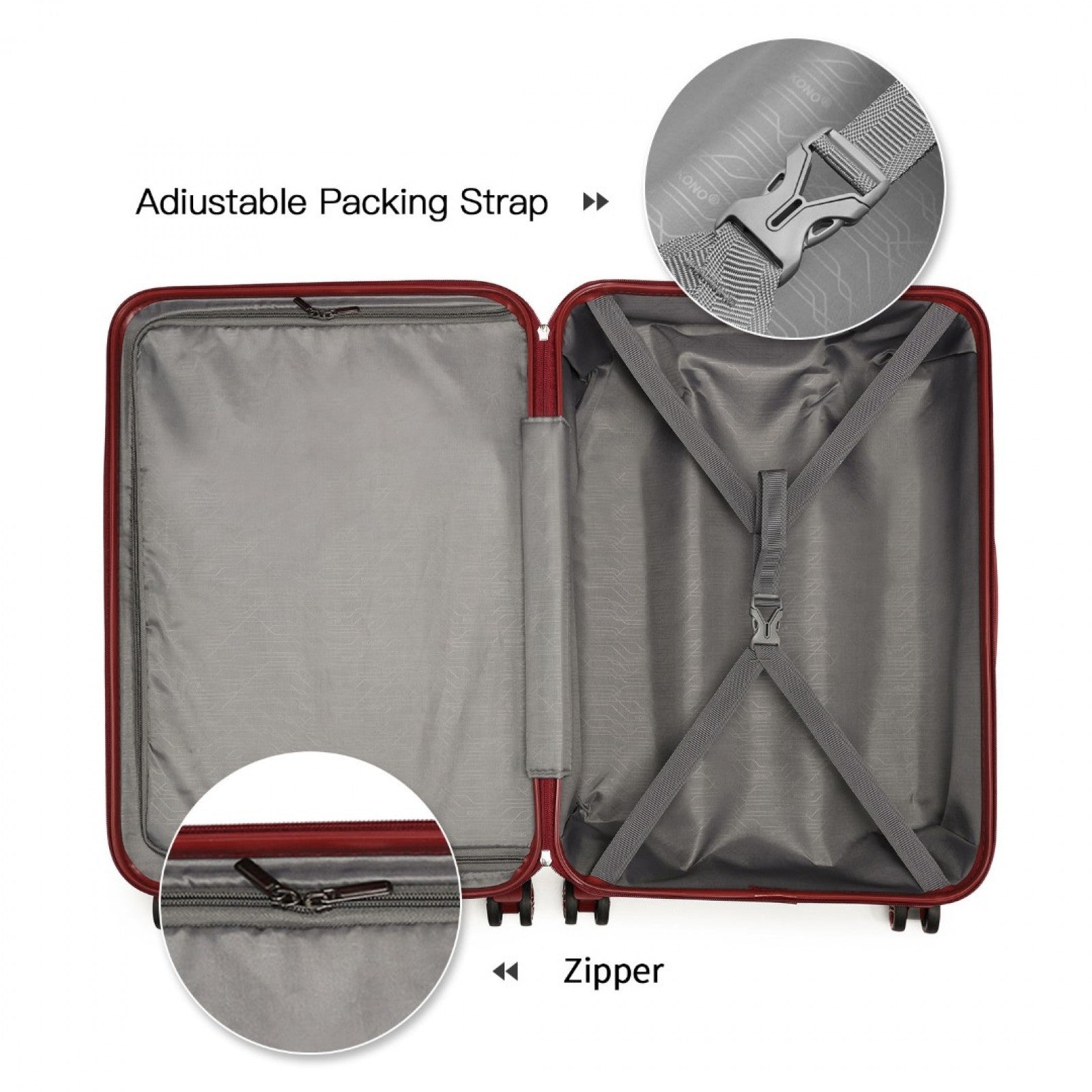 K1871-1L - KONO ABS 20 INCH SCULPTED HORIZONTAL DESIGN CABIN LUGGAGE - BURGUNDY - The Baggage Shop