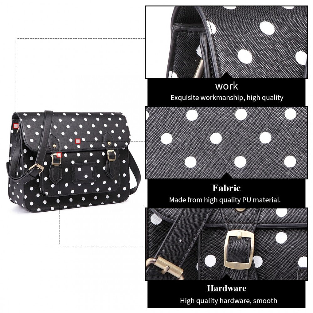 LT1665D2 - MISS LULU POLKA DOT LEATHER LOOK SCHOOL WORK SATCHEL BLACK