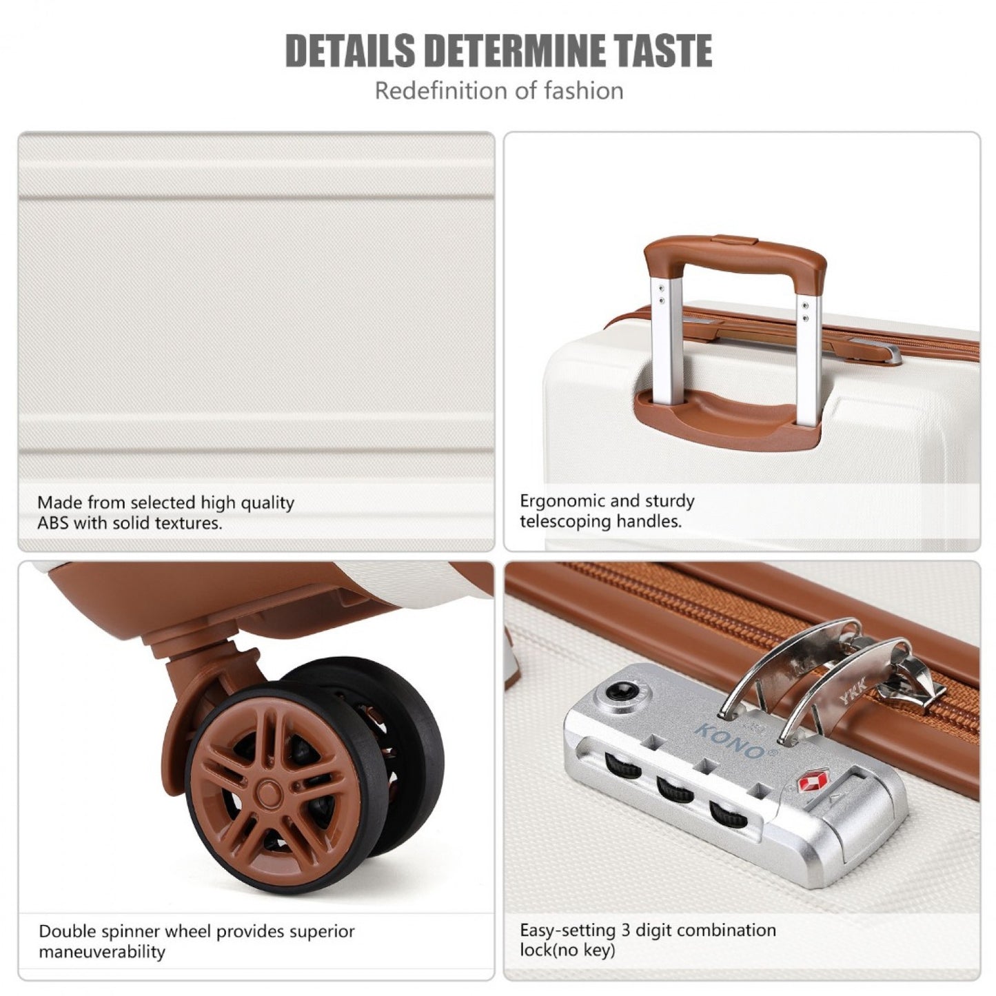 K1871-1L - KONO ABS 20 INCH SCULPTED HORIZONTAL DESIGN CABIN LUGGAGE - CREAM - The Baggage Shop