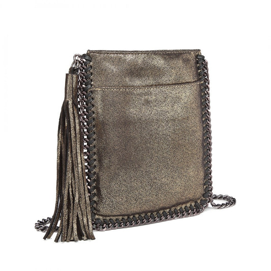 E6845 - MISS LULU LEATHER LOOK CHAIN SHOULDER BAG WITH TASSEL PENDANT - GOLD