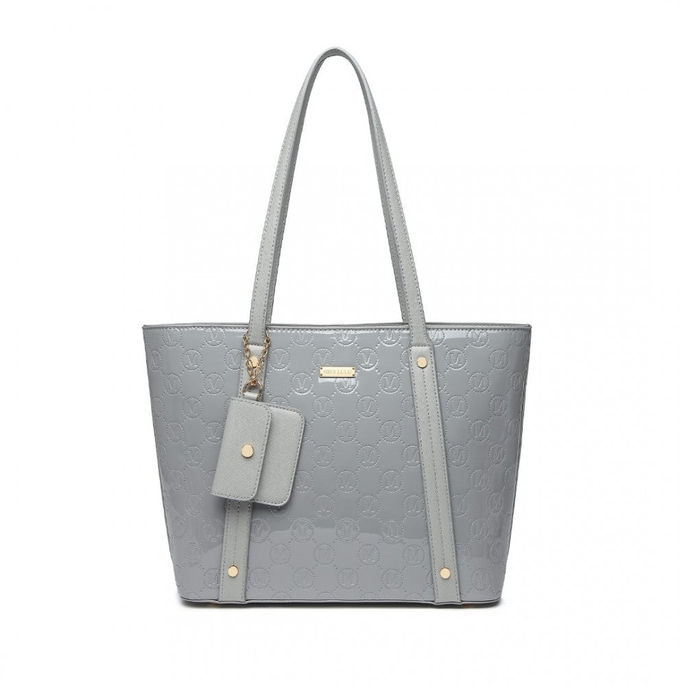 LD2217 - MISS LULU 4 PIECES GLOSSY LEATHER TOTE BAG SET - GREY