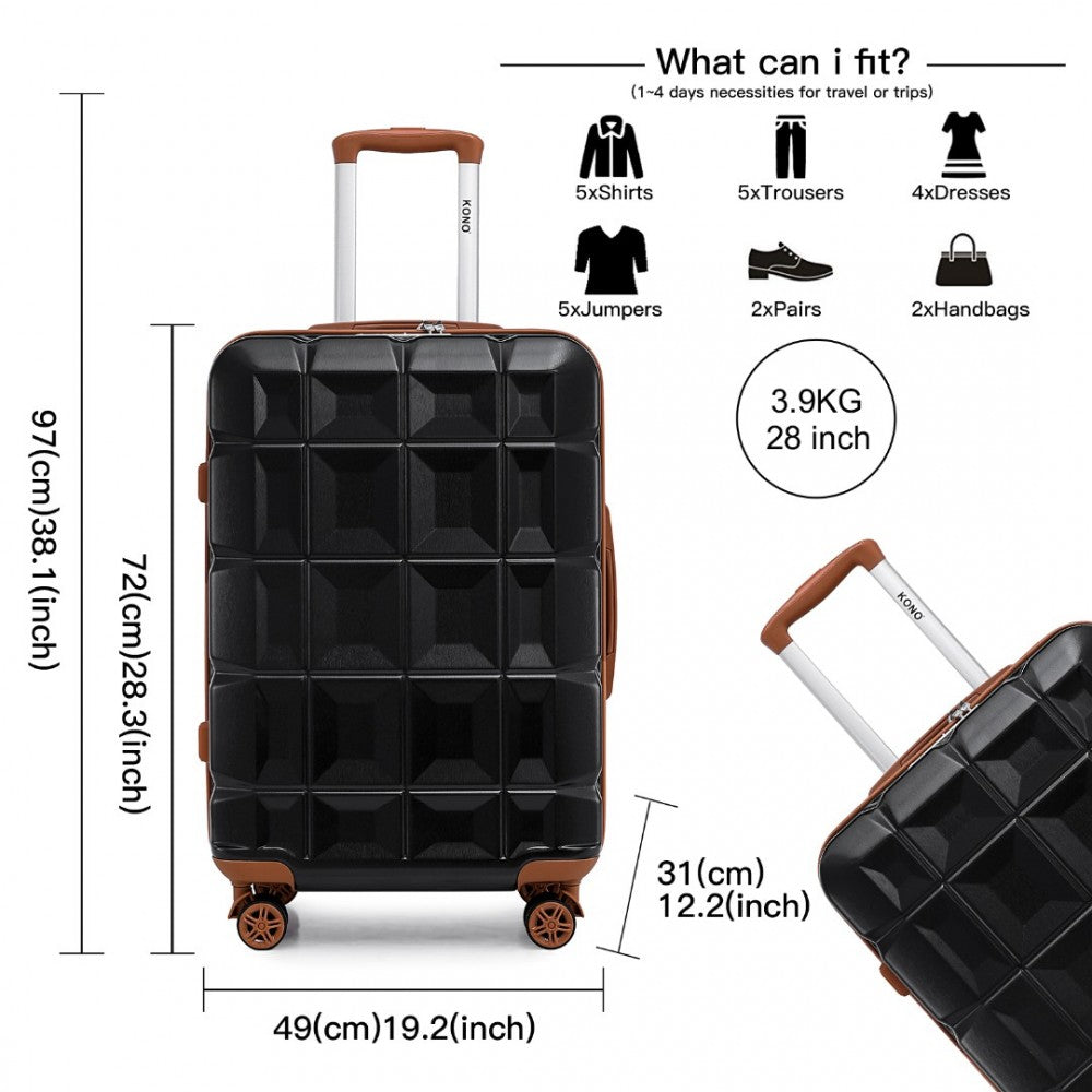 K2292L - KONO 28 INCH LIGHTWEIGHT HARD SHELL ABS SUITCASE WITH TSA LOCK - BLACK AND BROWN