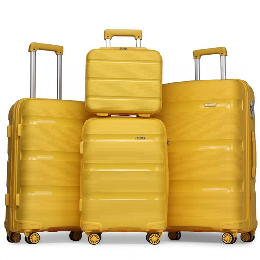 K2092L - KONO BRIGHT HARD SHELL PP SUITCASE WITH TSA LOCK AND VANITY CASE 4 PIECES SET - CLASSIC COLLECTION - YELLOW