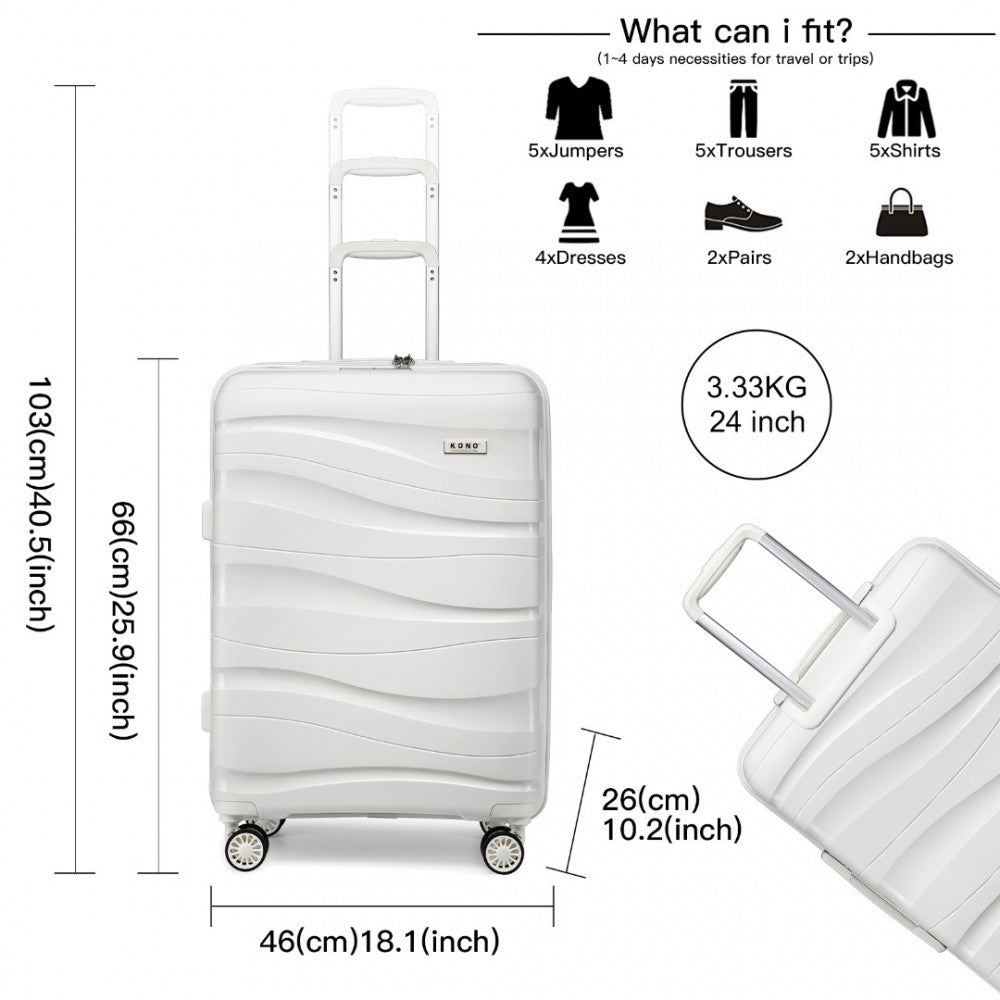 K2094L - KONO 24 INCH LIGHTWEIGHT POLYPROPYLENE HARD SHELL SUITCASE WITH TSA LOCK - CREAM WHITE