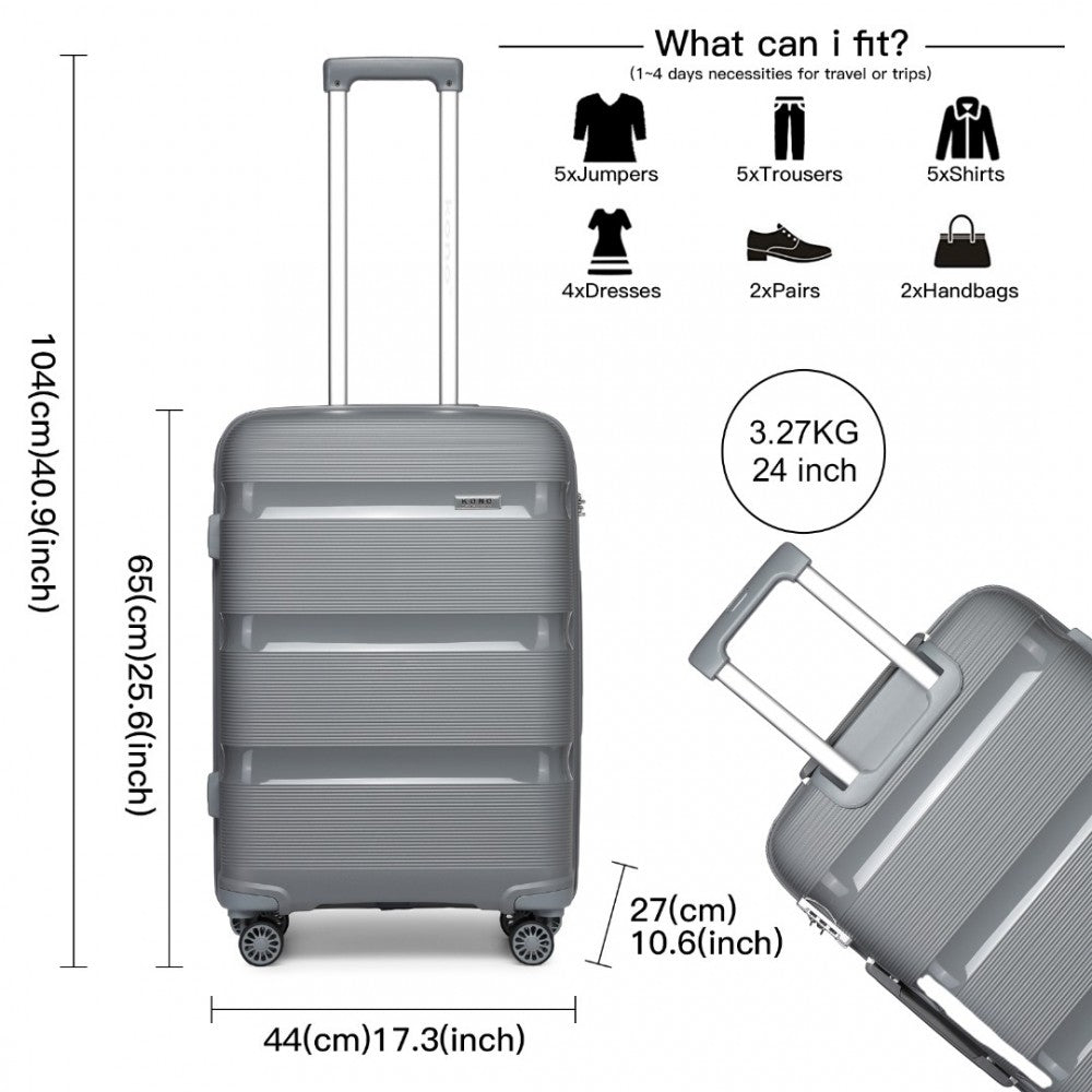 K2092L - KONO 24 INCH BRIGHT HARD SHELL PP SUITCASE - CLASSIC COLLECTION - GREY