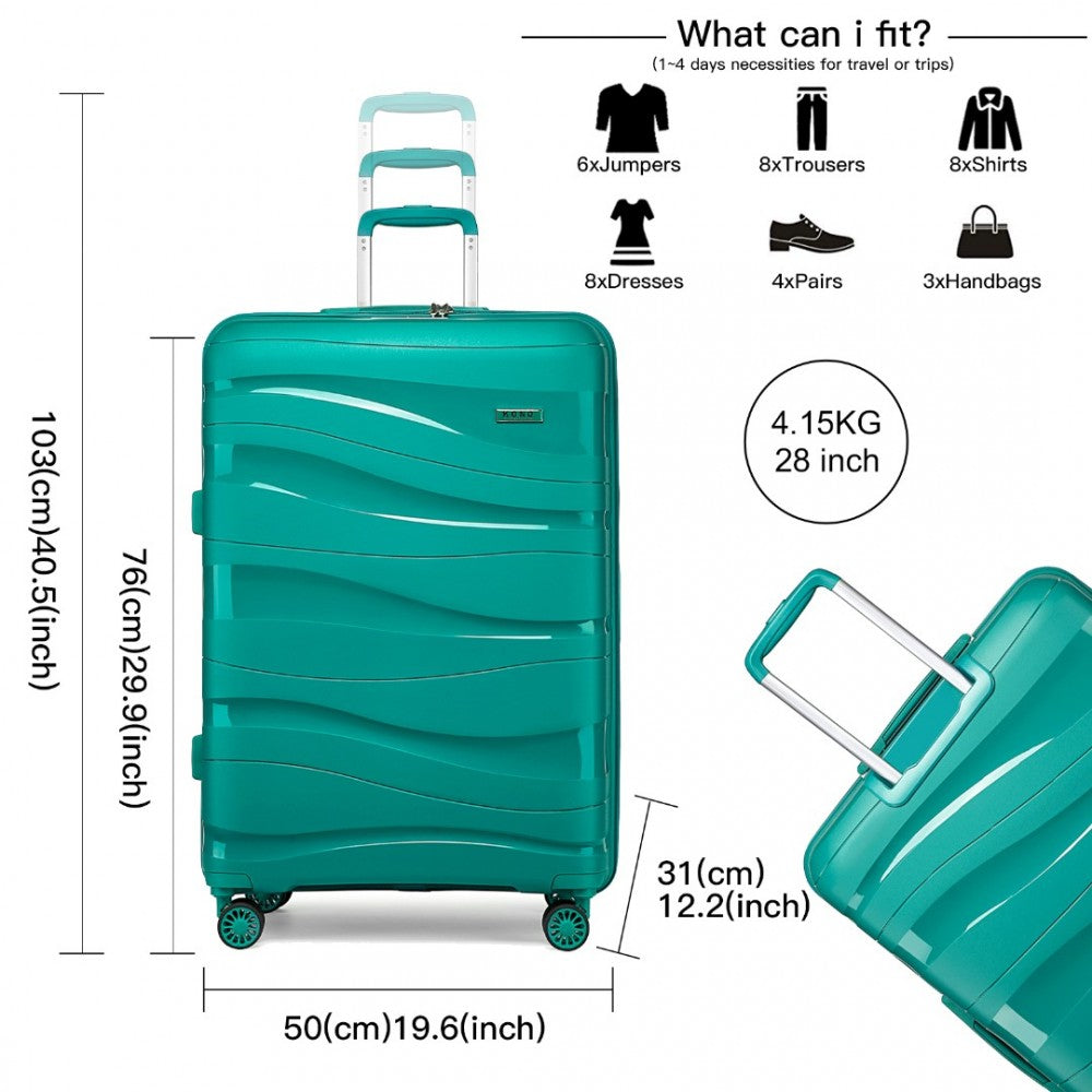 K2094L - KONO 28 INCH LIGHTWEIGHT POLYPROPYLENE HARD SHELL SUITCASE WITH TSA LOCK - TEAL