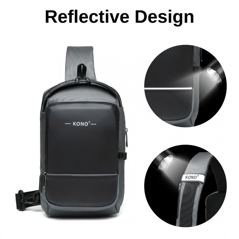 EG2403 - KONO SMART SLING CHEST BAG WITH USB CHARGING PORT LIGHTWEIGHT SINGLE STRAP CROSSBODY BACKPACK FOR DAILY USE IDEAL FOR MEN AND WOMEN - GREY AND BLACK