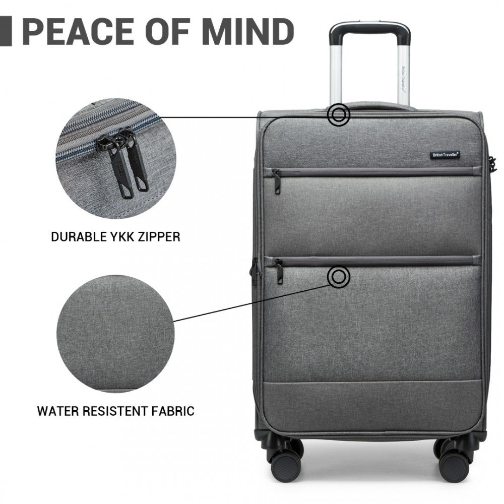 K2397L - BRITISH TRAVELLER 28 INCH LIGHTWEIGHT SOFT SHELL EXPANDABLE SUITCASE WITH TSA LOCK - GREY