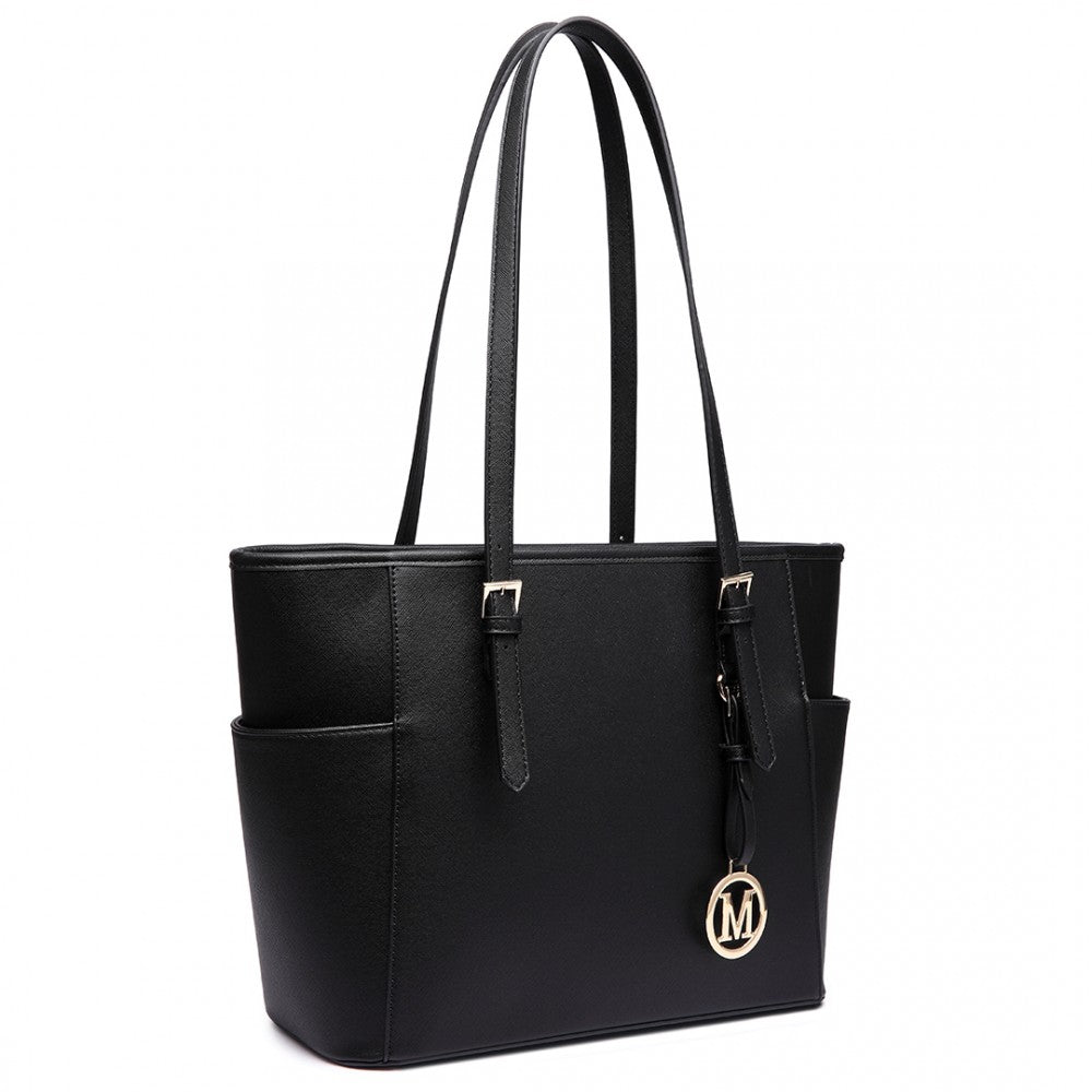 LM1642-1 - MISS LULU FAUX LEATHER ADJUSTABLE HANDLE TOTE BAG - BLACK