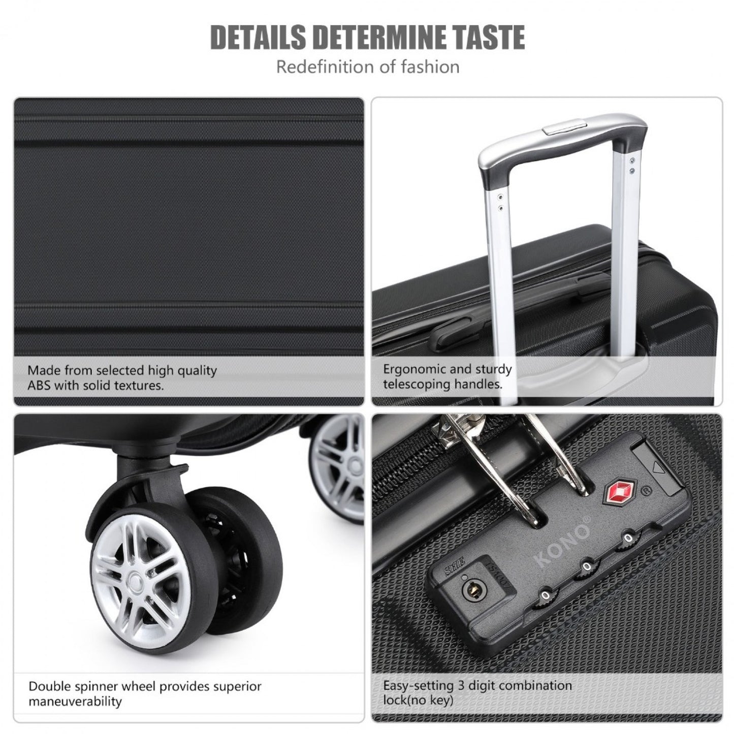 K1871-1L - KONO ABS 20 INCH SCULPTED HORIZONTAL DESIGN CABIN LUGGAGE - BLACK - The Baggage Shop